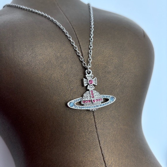 Vivienne Westwood Orb Crystal Pendant Necklace Silver Tone Pink Blue - Picture 3 of 5